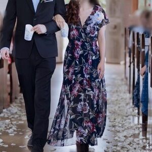 Floral V-Neck Navy Maxi Dress with Short Flutter Sleeves